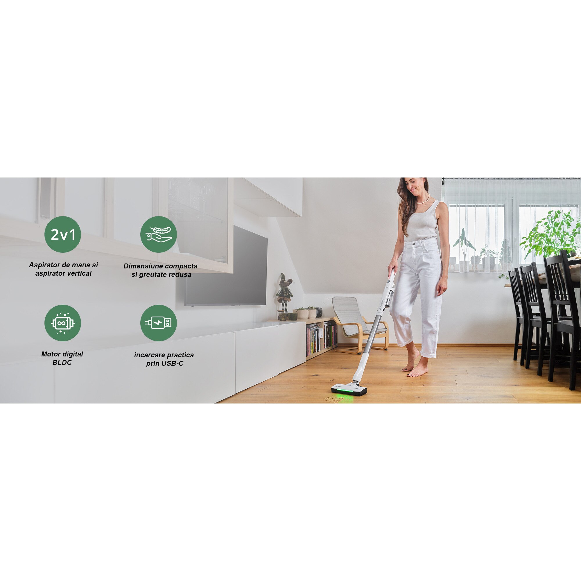 Aspirator vertical fara fir 2 in 1 ETA Handy Home 5428 90000, Li-Ion 10.8 V, Motor BLDC 120W, Filtru HEPA, LED, Autonomie 25 min, Alb