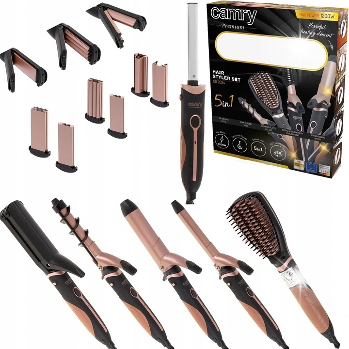 Set multifunctional 5 in 1 pentru par, Camry, uscator, placa, ondulator, placa de creponat, 1200W, negru/rose gold, 30x37.5x7.5cm