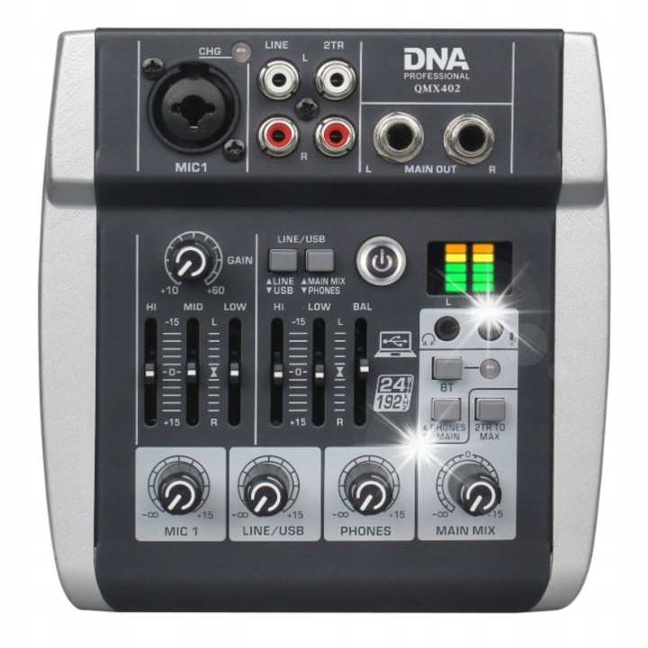 Аналогов аудио миксер DNA QMX402, 3 канала, Bluetooth, USB-C, батерия 2500 mAh, 15,1x14,5x5см