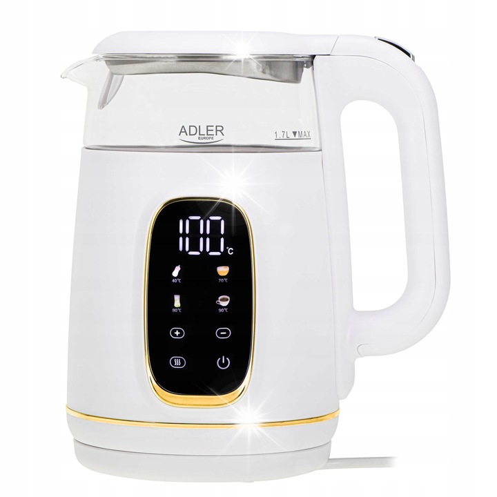 Fierbator electric Adler, 1,7L, sticla, 2200W, reglare temperatura, negru
