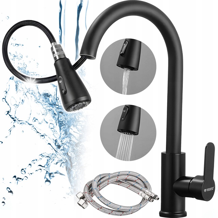 Baterie bucatarie Renew Force, cu duza retractabila, finisaj negru mat, 40x20cm, set complet