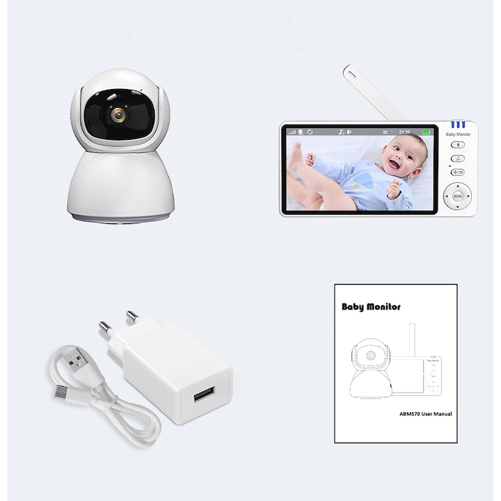 Monitor video pentru bebelusi Renew Force ABM700, 5" HD, alb, cu camera, comunicare bidirectionala, termometru