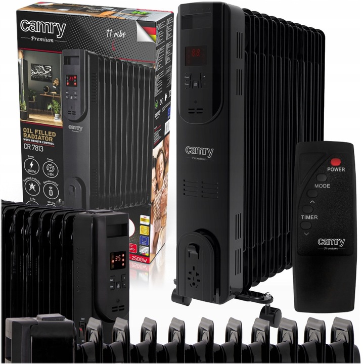 Radiator electric cu ulei 2500W, 11 elemente, termostat, telecomanda, negru, Camry