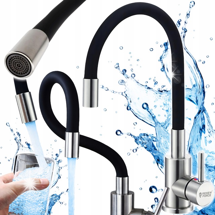 Renew Force hajlítható csaptelep, mobil kifolyócsővel, fekete, 42cm, komplett szett