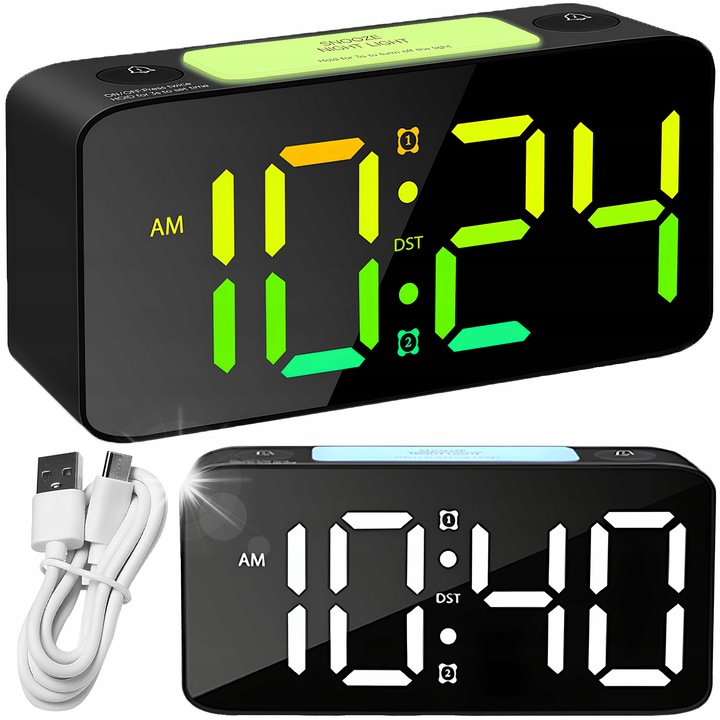 Renew Force LED elektronikus óra, 15 szín, 7 világítási szín, fekete, 16,5x8x4,5cm, USB-C kábellel