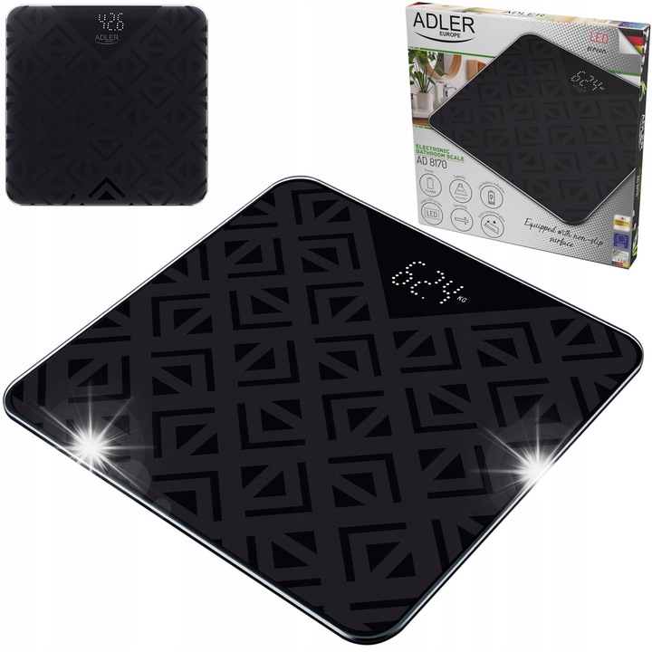 Електронен кантар Adler, 180кг, закалено стъкло, 30x30см, графит-черен