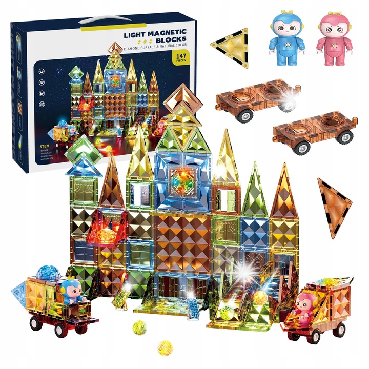 Магнитен конструктор click4TOYS, 147 елемента, превозни средства и фигурки, с LED, многоцветен
