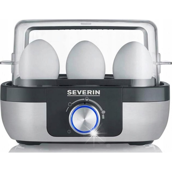 Уред за варене на яйца Severin EK 3169, капацитет 6 яйца, таймер, черно-сребрист
