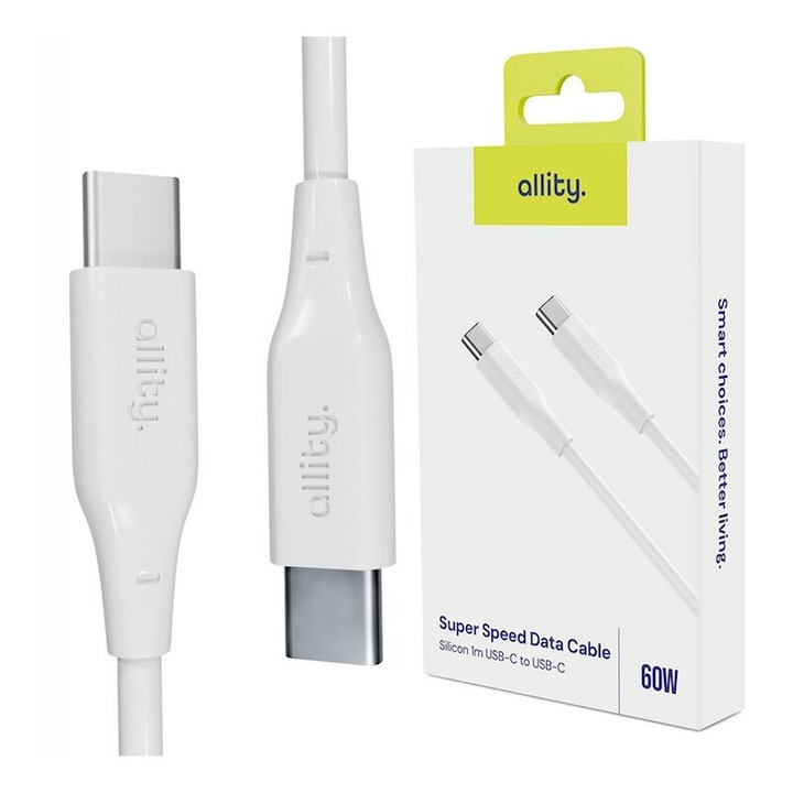 Allity AUC-02 adat- és töltőkábel, USB-C – USB-C, 60W, 1m, fehér