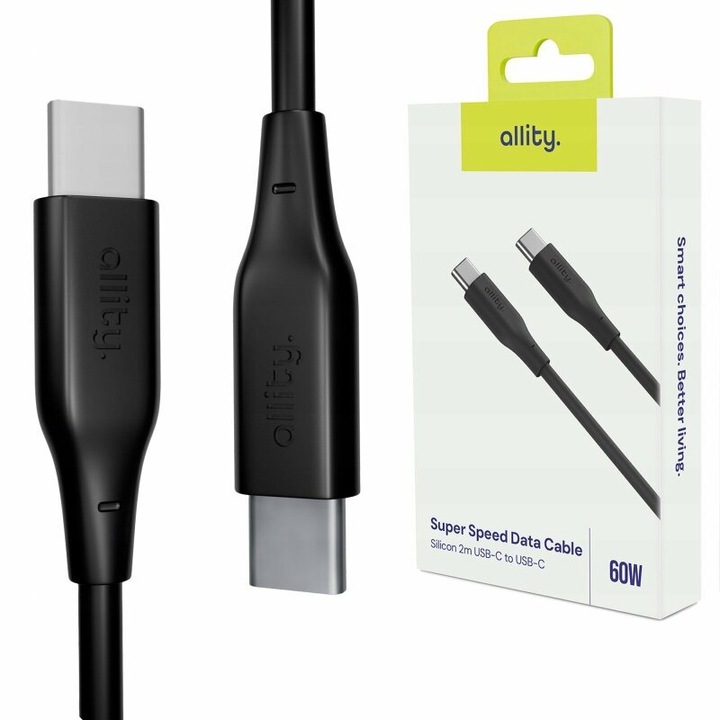 Allity AUC-02 adat- és töltőkábel, USB-C-ről USB-C-re, 60W, 2m, Fekete