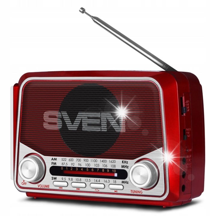 Радио преносимо SVEN SRP-525, черно/червено, компактно, с вградена лампа, 182x120x80мм