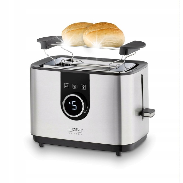 Тостер CASO Selection T2, 2 филии, инокс, 7 нива на препичане, с нагревател за хлебчета, 290x190x195мм