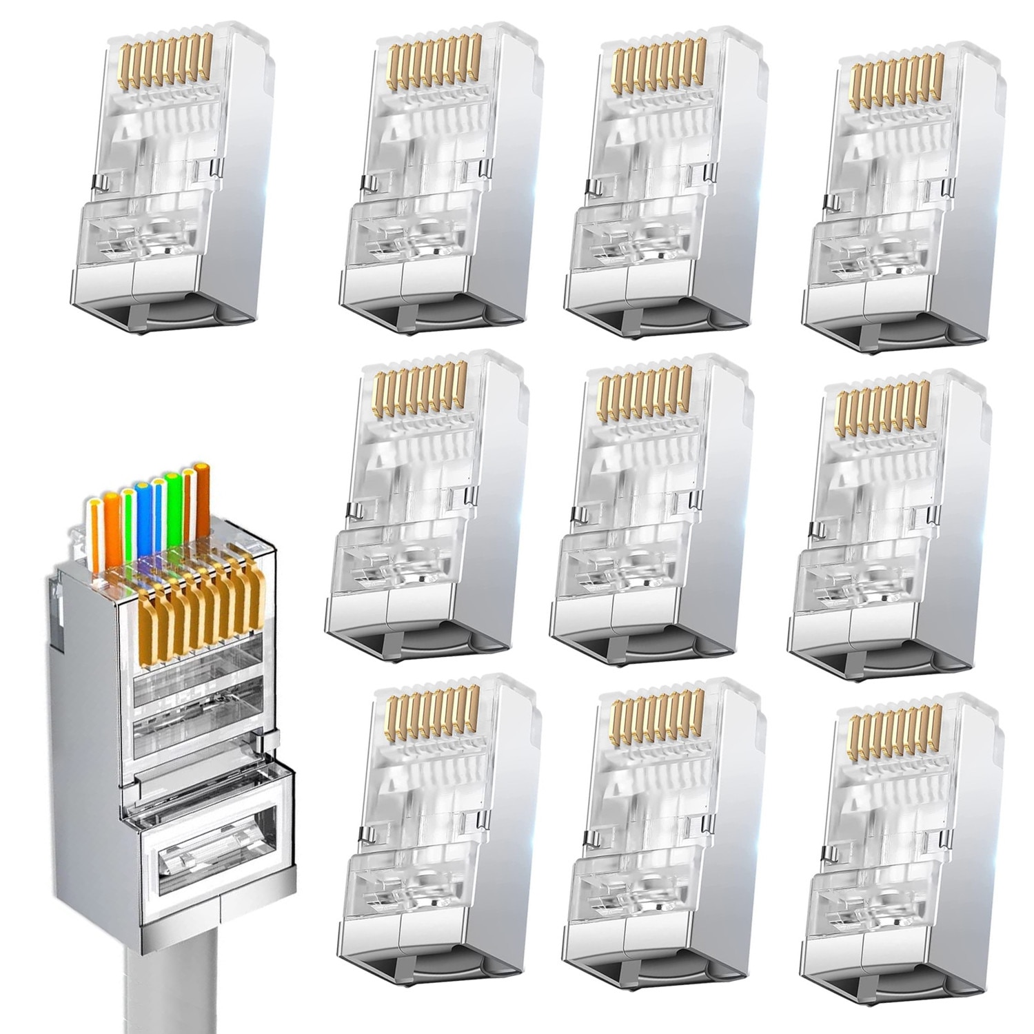 Set 10 bucati mufa FTP Cat6e RJ45 ecranate, Pass Through, cu 8 pini ...