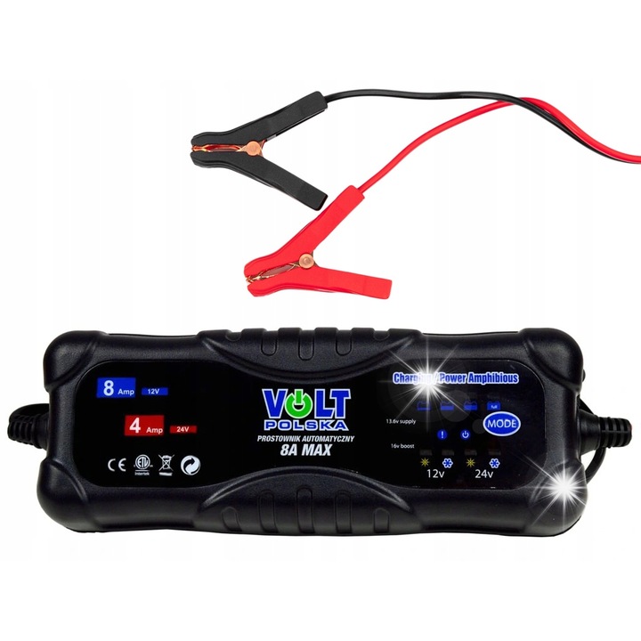 Automata autótöltő Volt 12V/24V 8A, készlet bilincsekkel és adapterrel