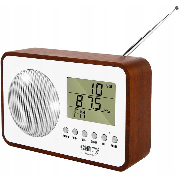 Ретро цифрово радио Camry, с часовник, термометър, USB захранване/батерии, 18,4x11,6x5,9 см, кафяво/крем