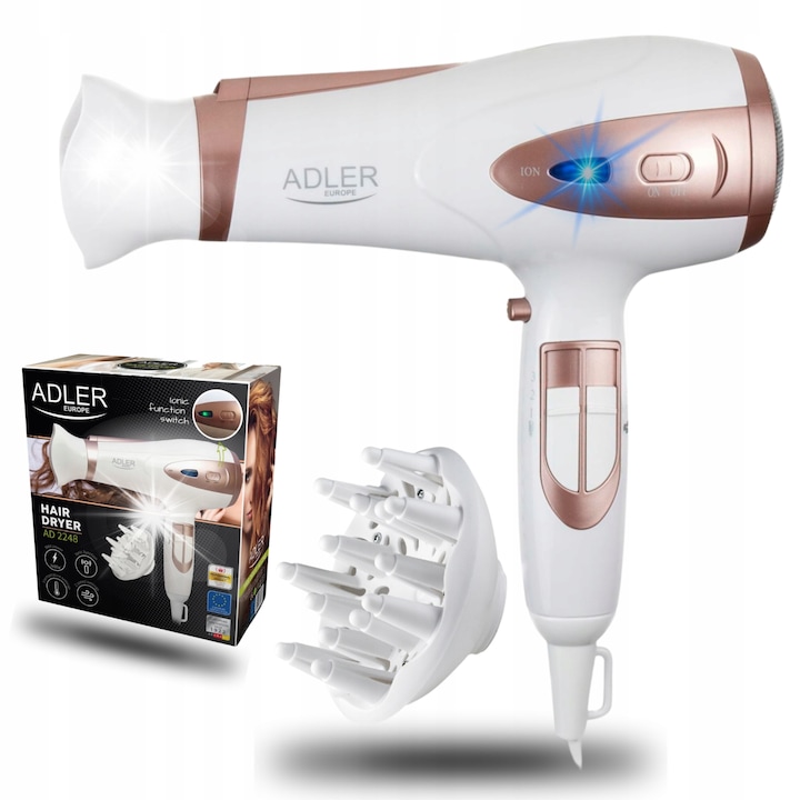 Сешоар Adler 2400W, комплект с дифузер и концентратор, функция за йонизация, бял