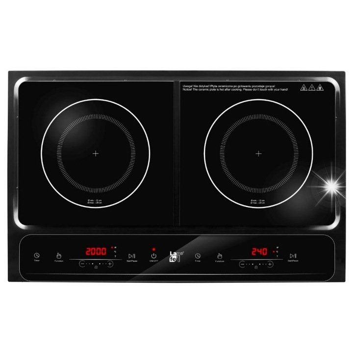 Lafe hordozható elektromos főzőlap, 2 főzőzónával, 3500W, üveg, érintésvezérlés