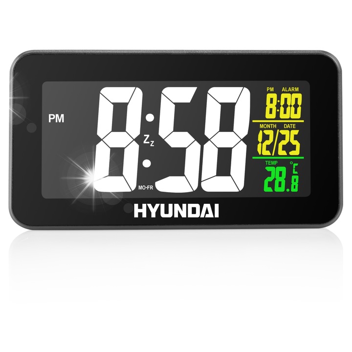 Hyundai AC 322 B ébresztőóra, hőmérő, szundi funkció, fekete, 7,5x13,5x5cm, kiegészítőkkel