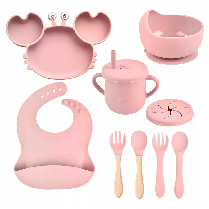 Set de hranire din silicon pentru copii, 10 elemente, in forma de crab, roz