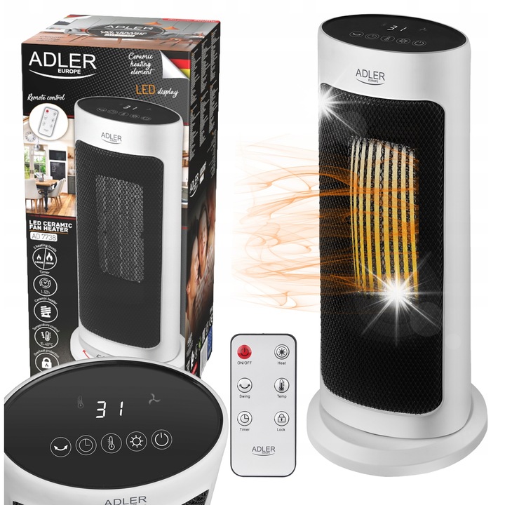 Adler AD 7738 kerámia hősugárzó, 1400W/2000W, termosztát, oszcillációs funkció, fehér, 17x17x41,5cm