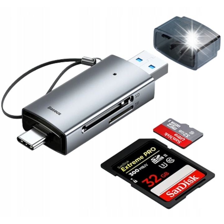 Baseus Lite Series USB-A & Type-C kártyaolvasó SD/TF-hez, szürke, 22mmx76mmx11mm, 18g