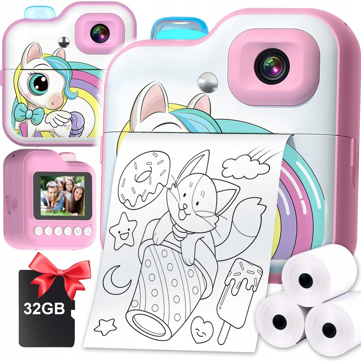 Azonnali fényképezőgép mini nyomtatóval, Renew Force, rózsaszín, 32 GB microSD, 3 tekercs hőpapír, 2,4 hüvelykes kijelző