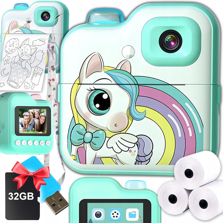 Aparat foto instant cu mini imprimanta, Renew Force, roz, 32GB microSD, 3 role hartie termica, 2,4 inch display