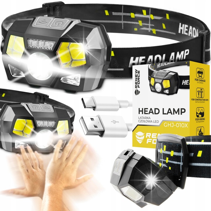 LED челник със сензор за движение, Renew Force, 1200 лумена, USB зареждане, водоустойчив, черен, пълен комплект