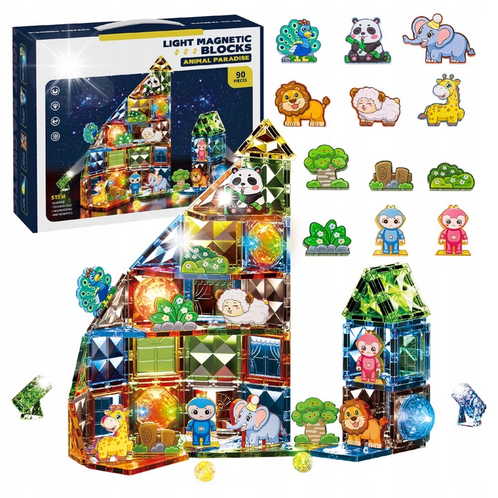 Магнитен конструктор click4TOYS, Зоопарк, 90 елемента, със LED светлинни ефекти, многоцветен