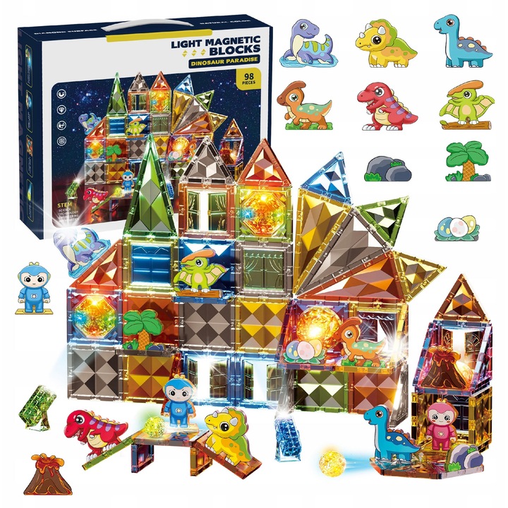 Комплект за конструиране на динозаври, click4TOYS, 98 елемента, LED светлинни ефекти, многоцветен