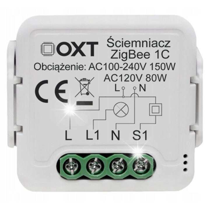 OXT 1 csatornás 16A ZigBee modul, mérete 39.2x39.2mm, DIN 35mm sínre szerelhető klipsz készlettel