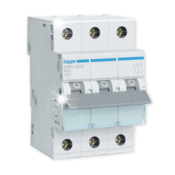 Hager MBN325E védelmi eszköz, 6kA, 25A, 3P, 70x83x52mm, IP20