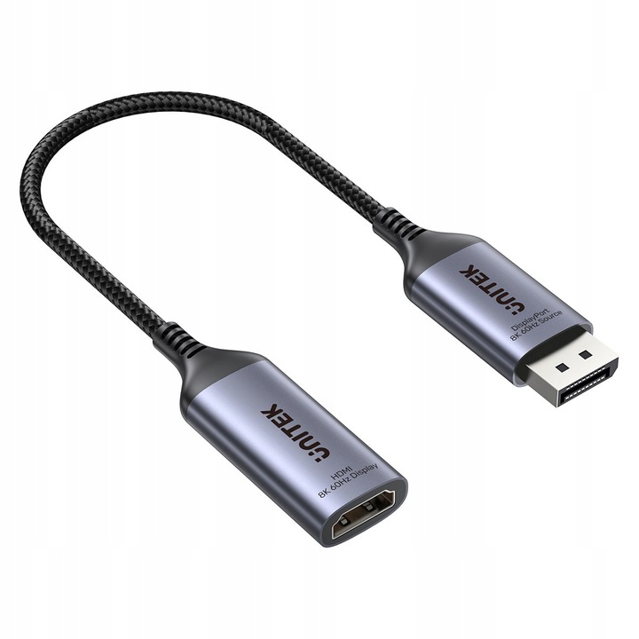 Адаптер DisplayPort 1.4 към HDMI 2.1, Unitek, 8K@60Hz, Dolby 7.1 аудио, 31см, сив