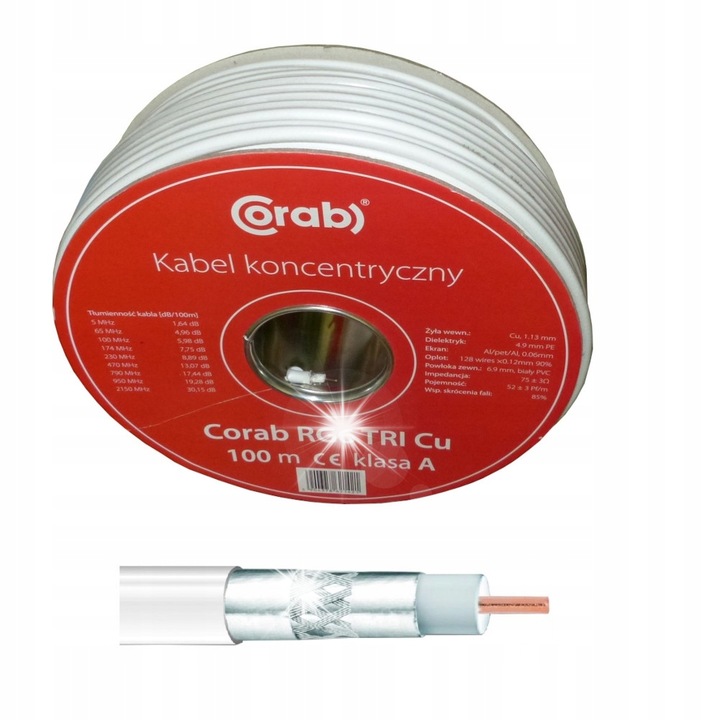 Коаксиален кабел, Corab, RG6 TRI Cu 100м бял