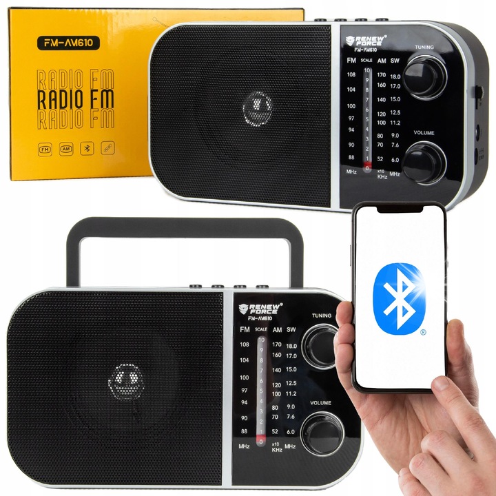 Преносимо радио с Bluetooth, FM/AM, черно, 11,5x21x5,5 см, комплект с акумулатор и захранващ кабел