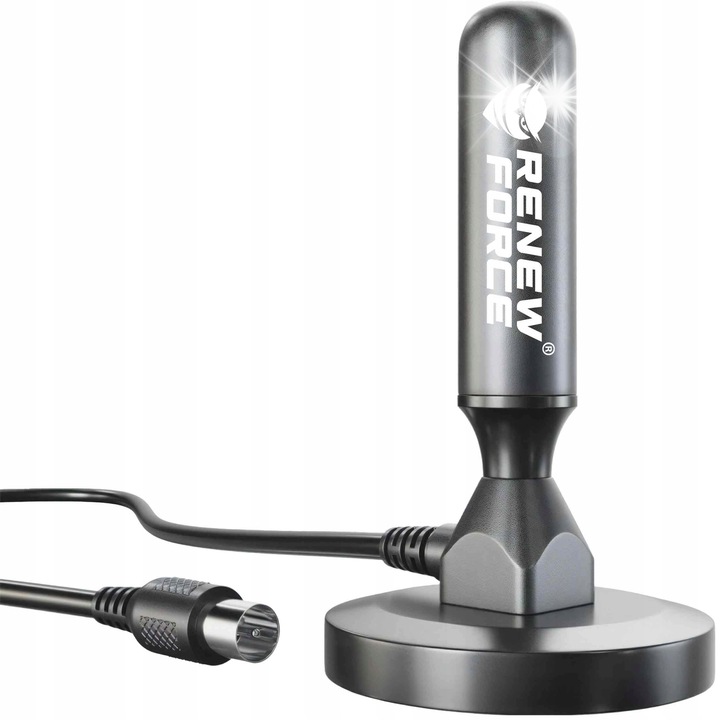 Aktív TV antenna, Renew Force, támogatja a HD, FULL HD és 4K felbontást, fekete, mérete 105x62mm, mágneses talppal, komplett készlet.