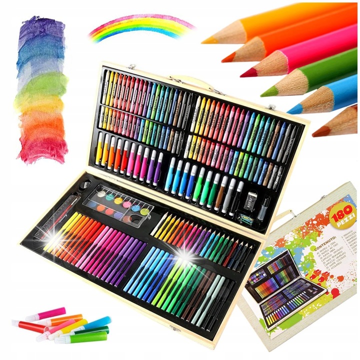 Артистичен комплект за деца, click4TOYS, 180 елемента, дървен куфар, 47x29,5x4,5см, различни цветове