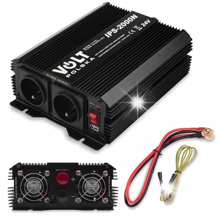 Инвертор за кола Volt Polska IPS-2000N 24V, 1000W/2000W, синусоидален, 1x USB, черен