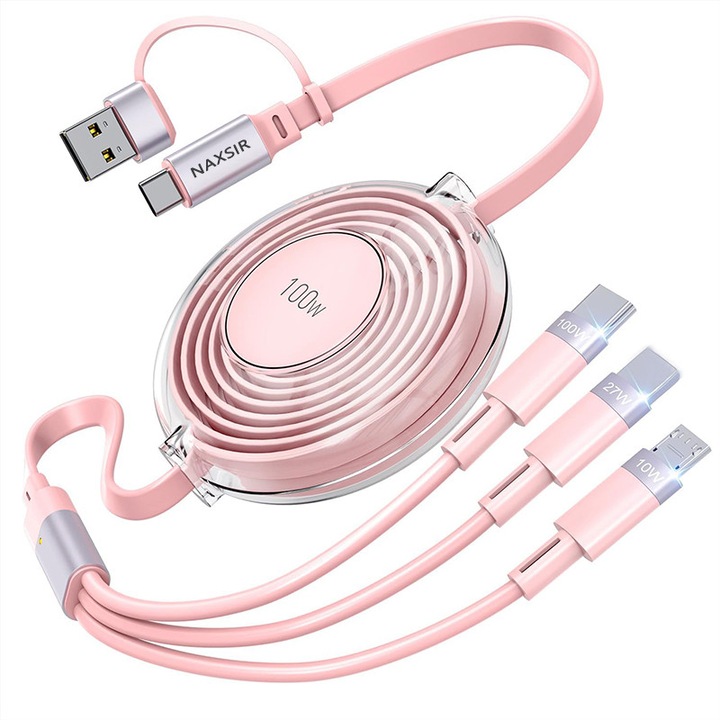 Adat- és töltőkábel, NAXSIR, 5 az 1-ben, Gyors töltés 100W PD, 1.2m, USB és USB-C - USB-C + Lightning + Micro, Behúzható kábel 5 sebességgel, Type C Támogatja az adatátvitelt, Rózsaszín