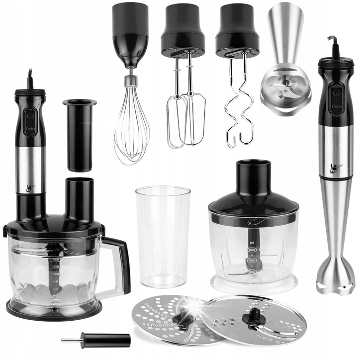 Ръчен мултифункционален пасатор Lafe, 1000W, 2 диска, черен, комплект с блендер 1500мл и купа 700мл