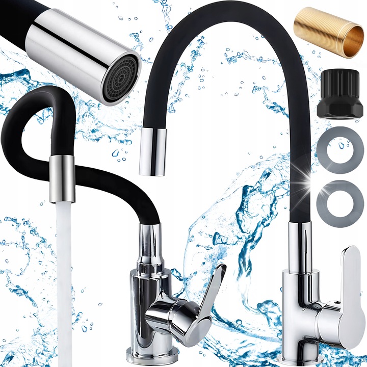 Renew Force konyhai csaptelep, rugalmas kifolyócső, matt fekete, 36cm, szerelőkészlettel