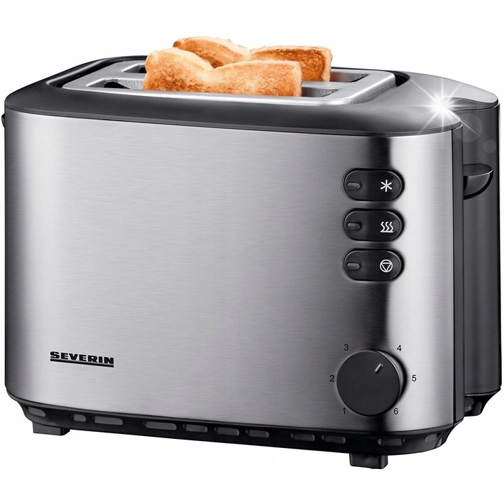 Тостер Severin, 850W, инокс, черен, капацитет 2 филии, със стойка за кифлички