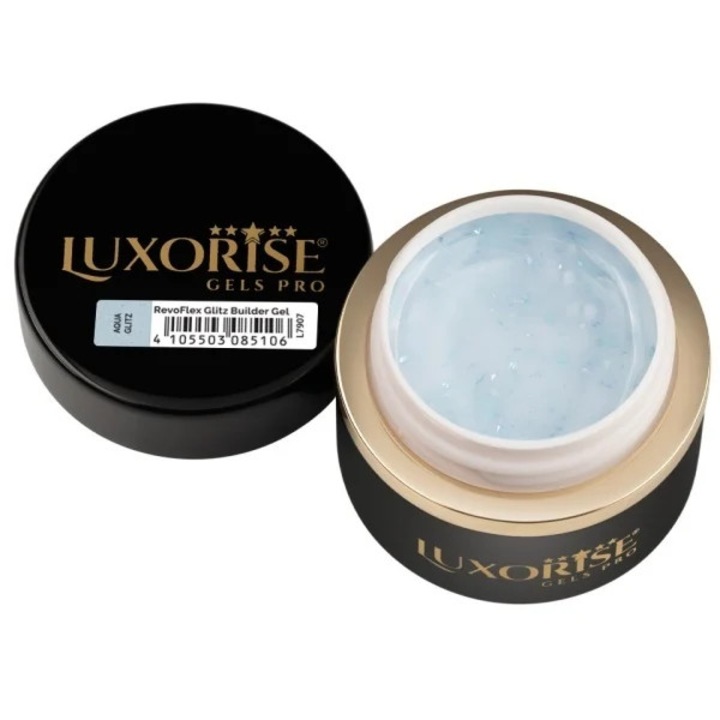 Gel UV Constructie Unghii RevoFlex Glitz LUXORISE 15ml, Aqua Glitz