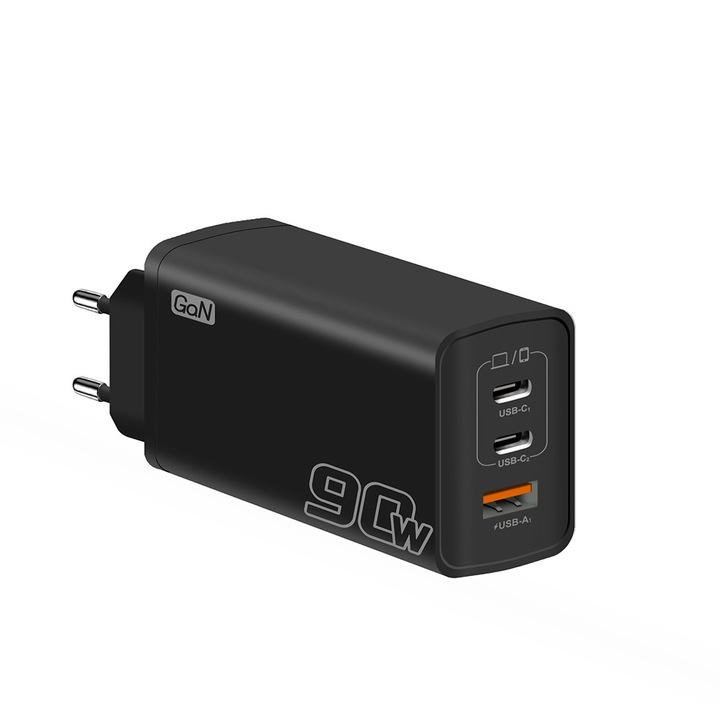 Incarcator multiport, 3porturi cu incarcare rapida de 90Wnitrura de galiu, 1 port USB 2 port Type-C, accepta protocolul PD, design universal multiport, compatibil cu telefoane mobile, smartwatch-uri, iPhone, laptop, Huawei, Samsung, Xiaomi, Negru