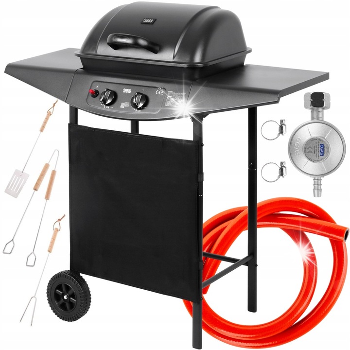 Газов грил с 2 горелки, 5 kW, скара от неръждаема стомана, 46x34см, комплект с аксесоари 3в1, редуктор за газ