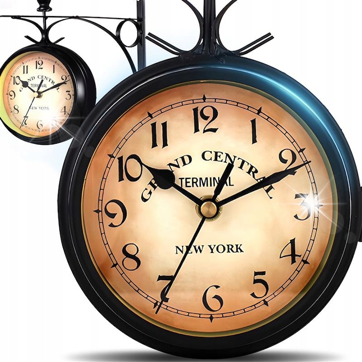 Fekete retro fém falióra, ZEGAR DWUSTRONNY SCIENNY DWORCOWY, vintage design