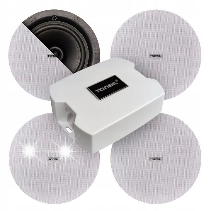 Усилвател с Bluetooth WS-25 + комплект 4 x ZGSU 200S, 4 x 30W, 20Hz-20KHz, 145x115x45mm, бял