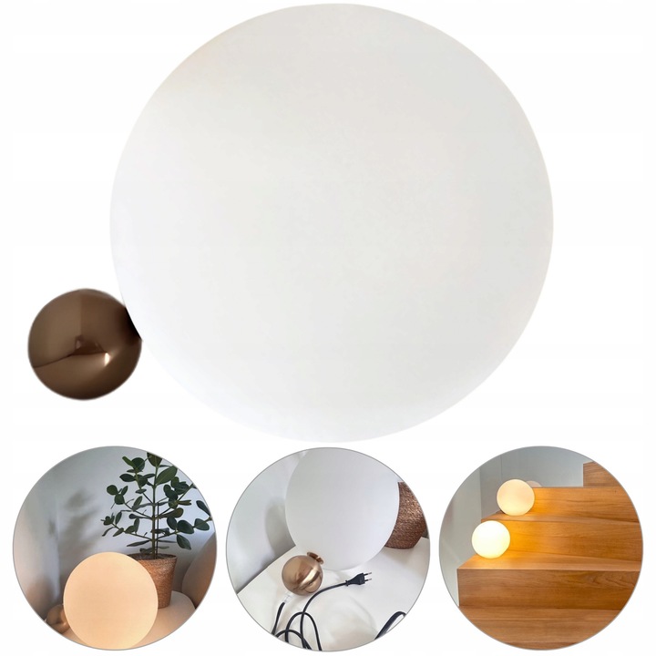 Lampa de masa, glob din sticla opal 18 cm, baza metalica cu finisaj cupru-auriu, alb/cupru-auriu, cu bec E14 2700K inclus, cablu 1,5 m cu intrerupator