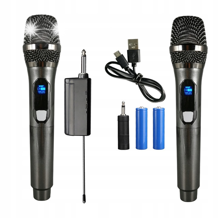 Set microfoane wireless, 2 microfoane, receptor, cablu de incarcare, 30-50m, negru
