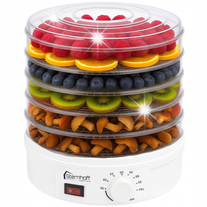 Deshidrator Sternhoff, 600W, 5 tavi, alb, pentru ciuperci, fructe, legume, ierburi
